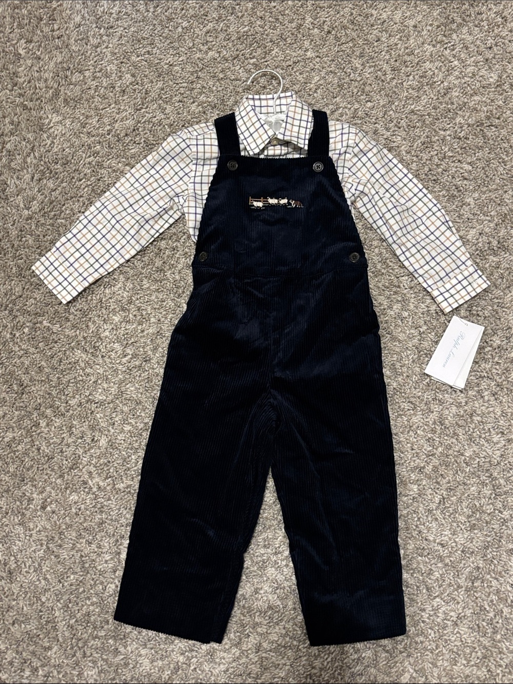 NWT Ralph Lauren Embroidered Corduroy Overall and Cotton Shirt Set 18 mos - Picture 2 of 12